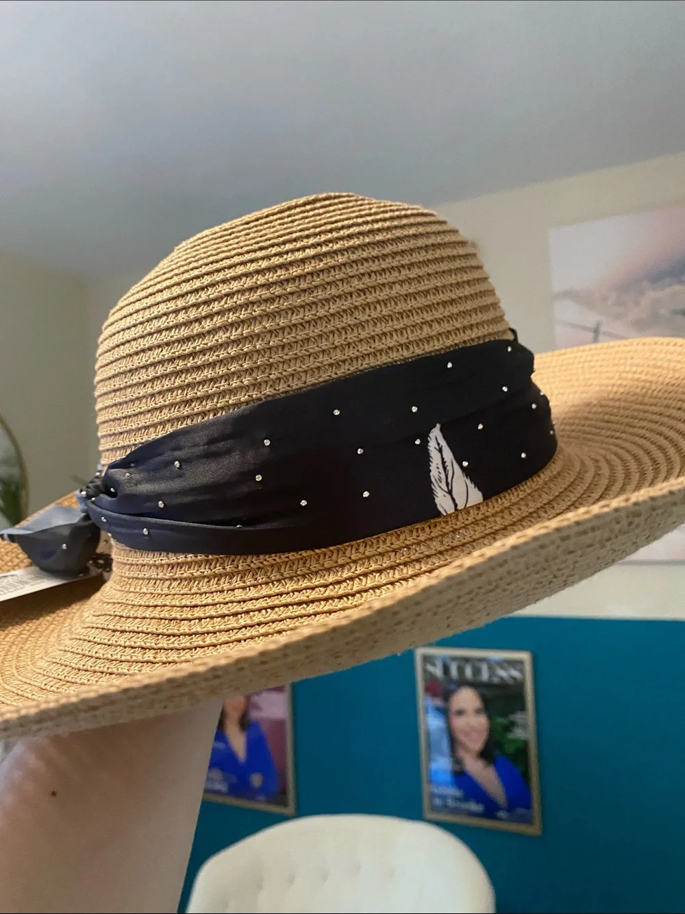 Jessica McClintock Tan Straw Wide-Brim Hat with Black Scarf Tie